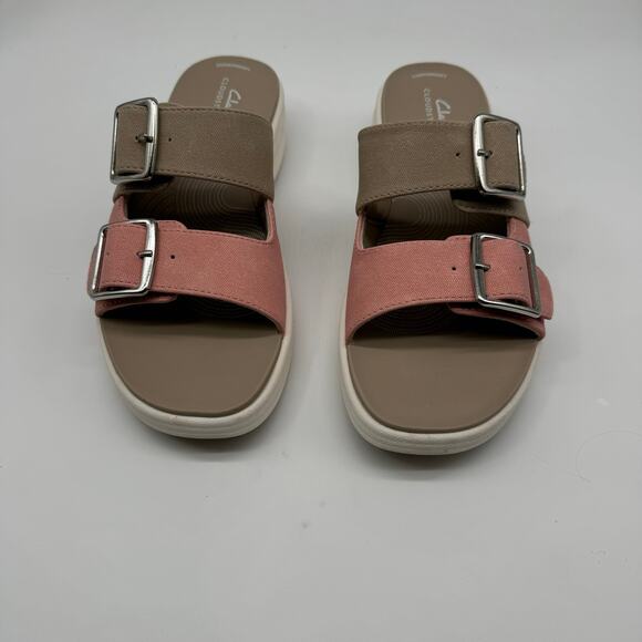 Clarks Cloudsteppers Womens Size 8M Drift Buckle Peach Combine Rose Khaki Slides - Picture 1 of 8